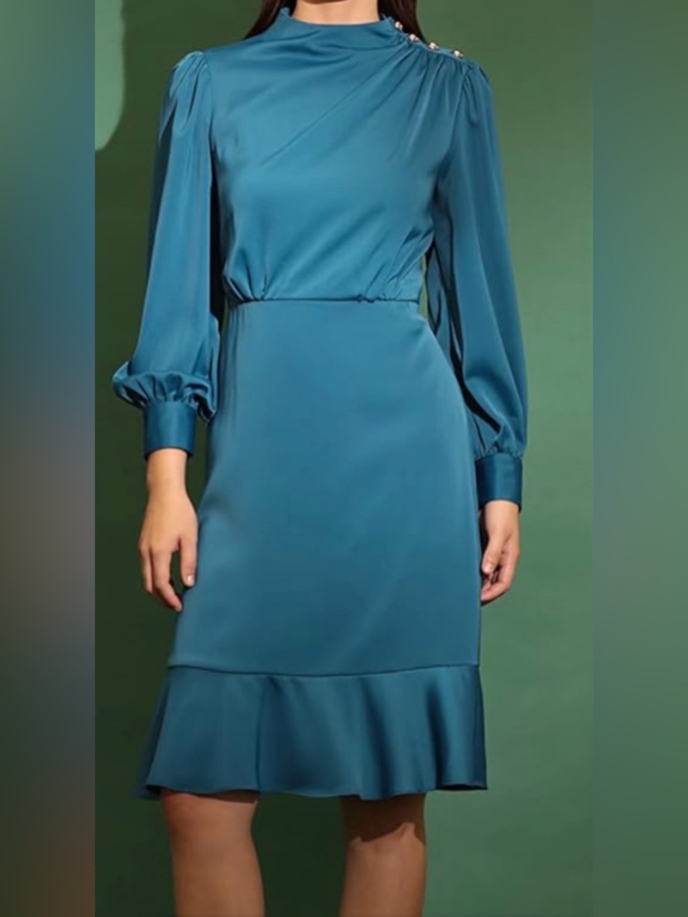 Maggy London Teal Long-Sleeve Satin Dress with Ruffle Hem